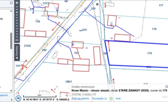 Stare Zawady, 1800m2, działka w kształcie trapezu.