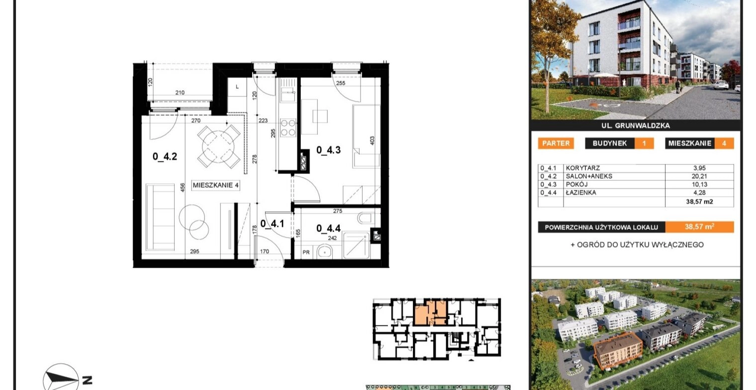 Mieszkanie 2 pokojowe 38,57 m2 z ogródkiem
