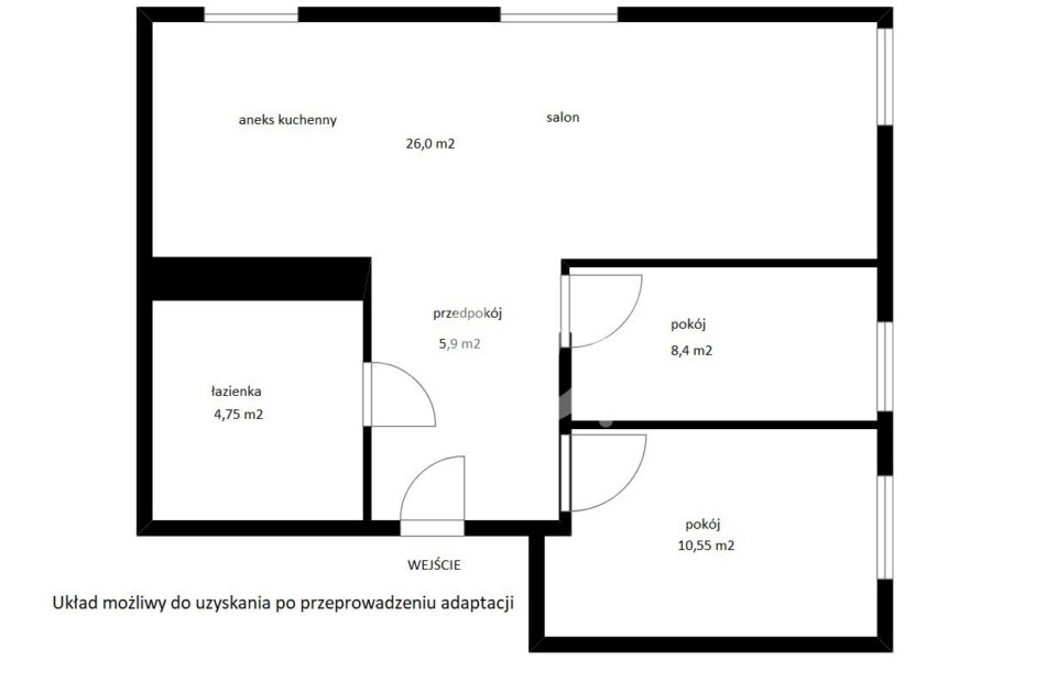 54,66 m2 z potencjałęm na 3 pokoje z aneksem