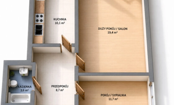 54,5 m² | Duży salon | Oddzielna kuchnia | Balkon