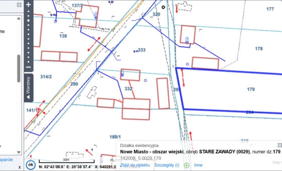 Stare Zawady, 1800m2, działka w kształcie trapezu.