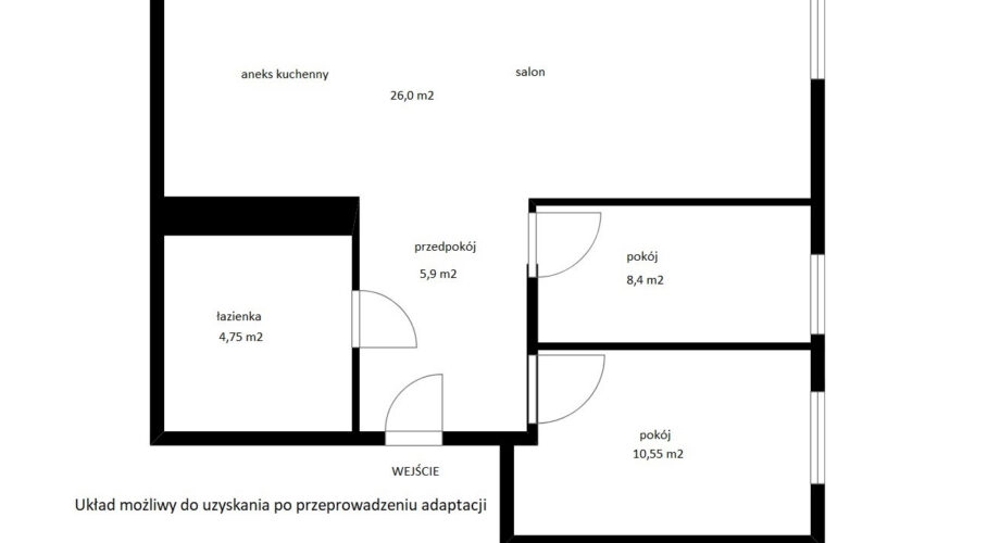 54,66 m2 z potencjałęm na 3 pokoje z aneksem