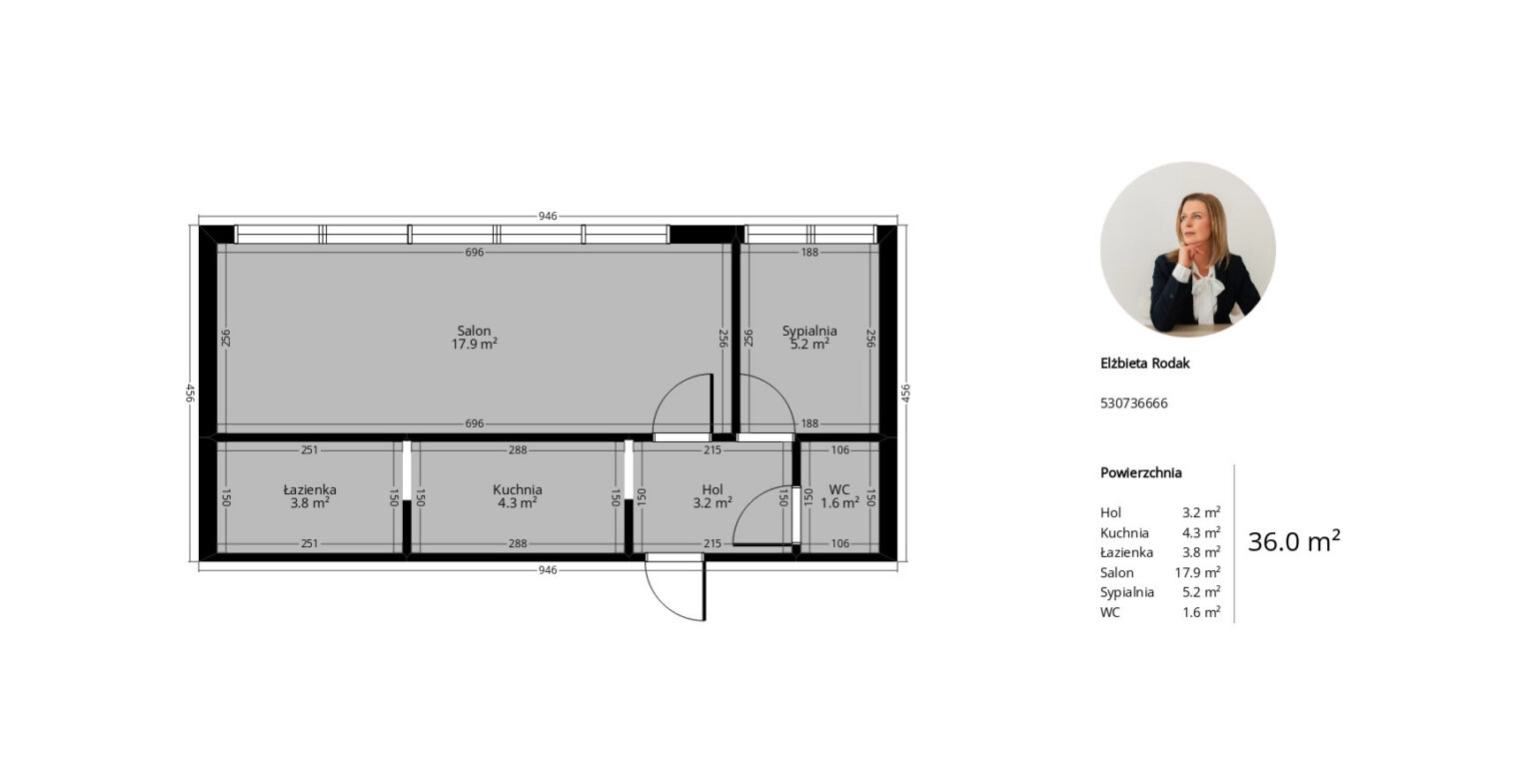 36 m² | 2 pokoje | Oddzielna kuchnia